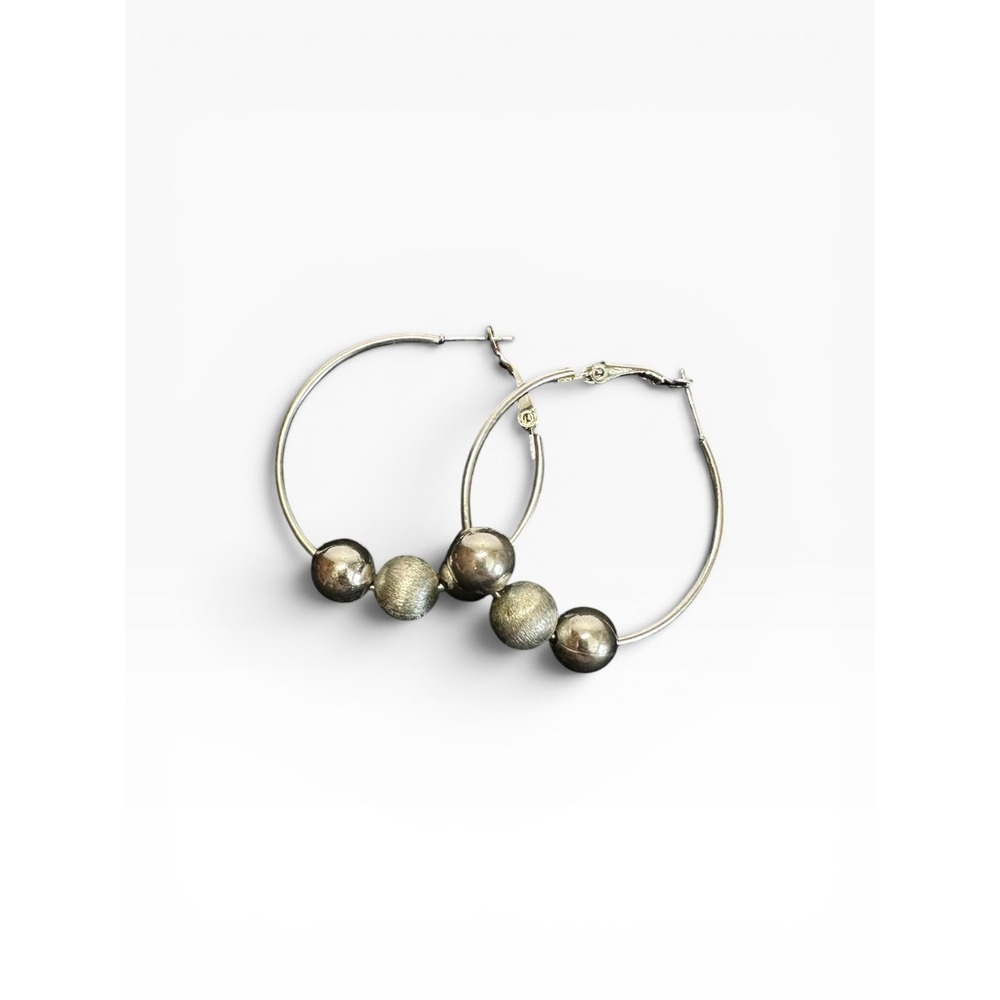 Beaded Hoop Earrings Silver Tone Textured Sliding Orb